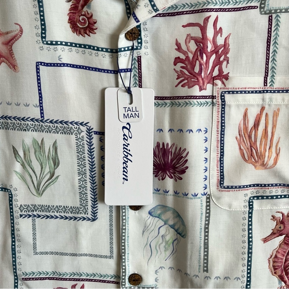 Caribbean Men's Sealife Tile Print Front Button Short Sleeve - Picture 4 of 10